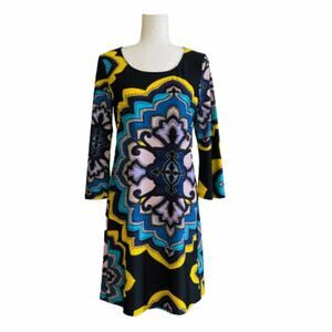 ARYEH Dress Retro Colorful Medallion Print 3/4 Bell Sleeve Shift Dress Small NEW